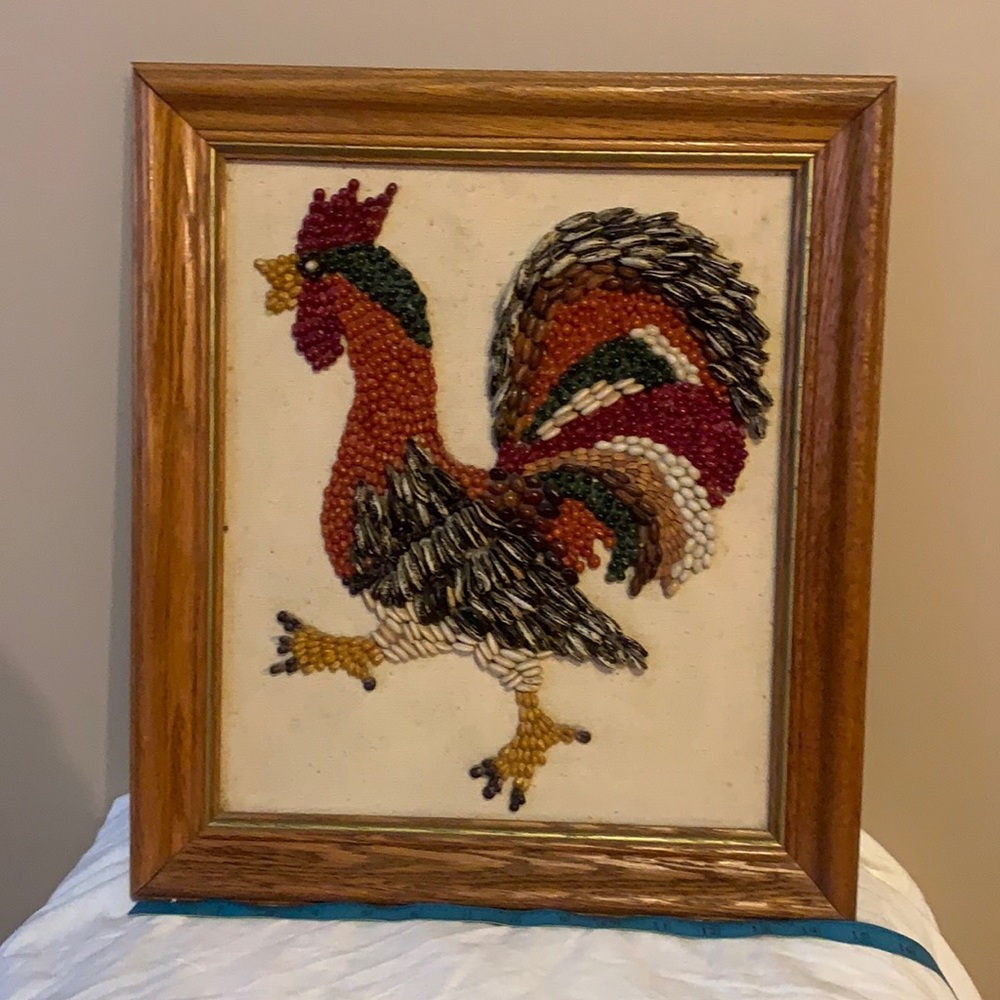 Vintage rooster picture made with beans corn and seeds 17 x 25 inches